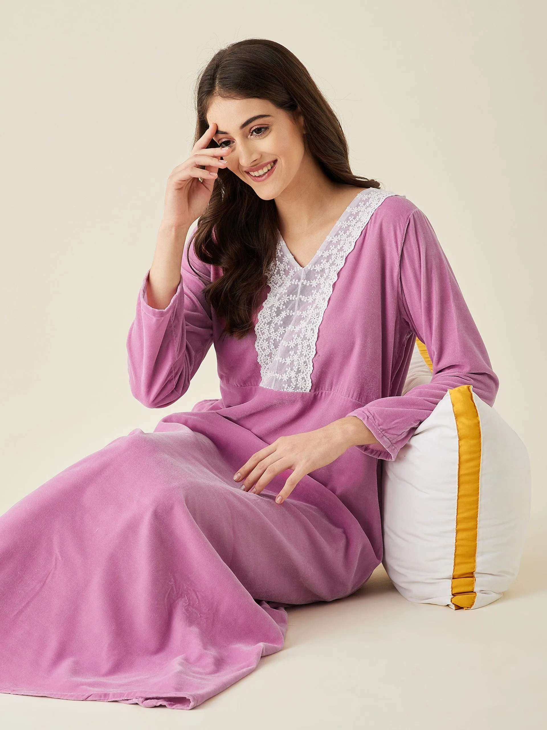 Lilac Velvet Nightdress with Lace