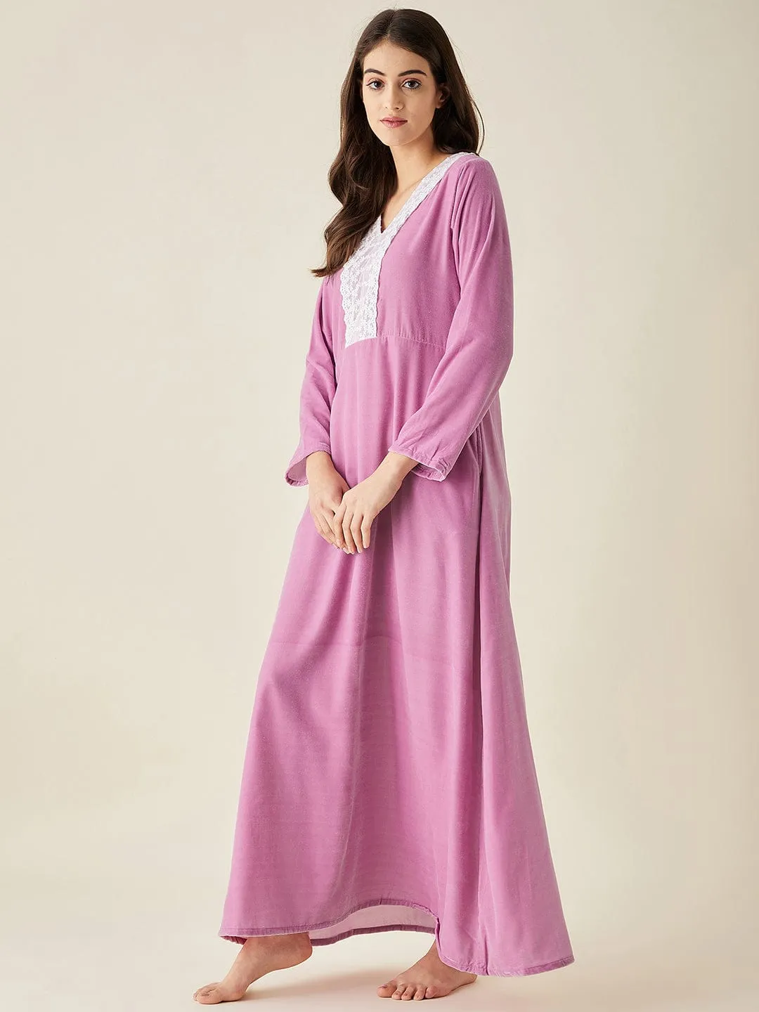 Lilac Velvet Nightdress with Lace