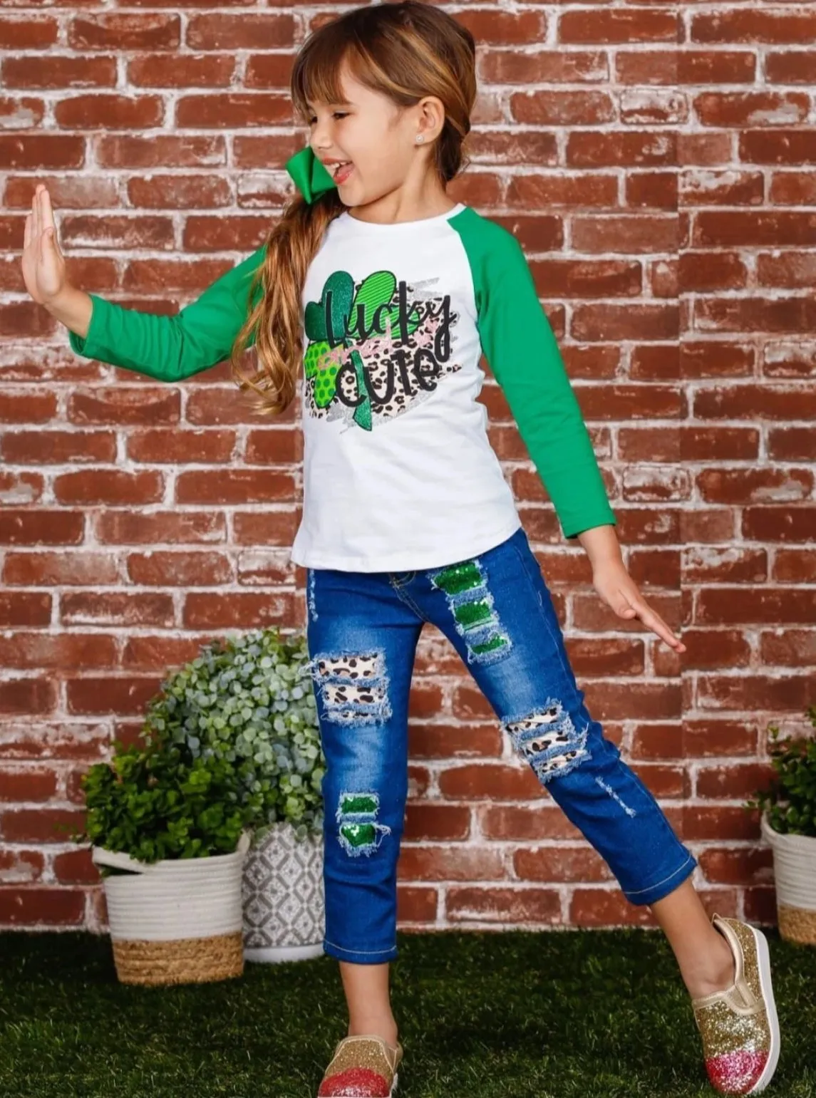 Lucky and Cute Glitter Patched Jeans Set