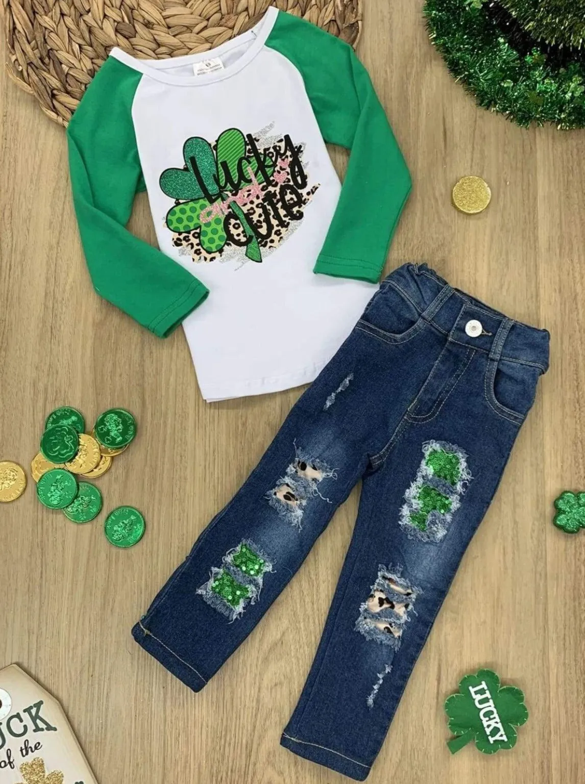 Lucky and Cute Glitter Patched Jeans Set