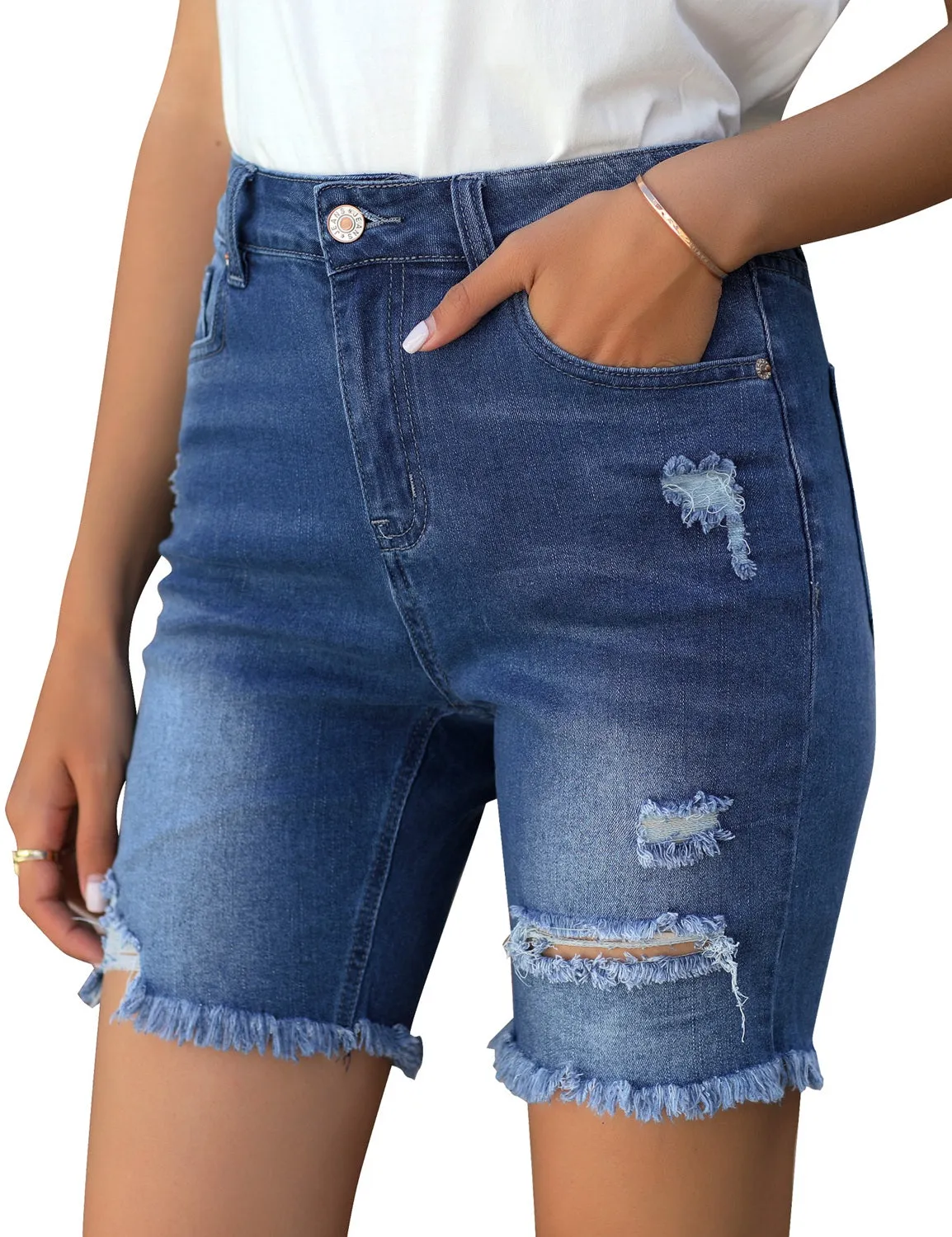 luvamia Women's High Waist Bermuda Shorts Ripped Distressed Stretch Denim Shorts