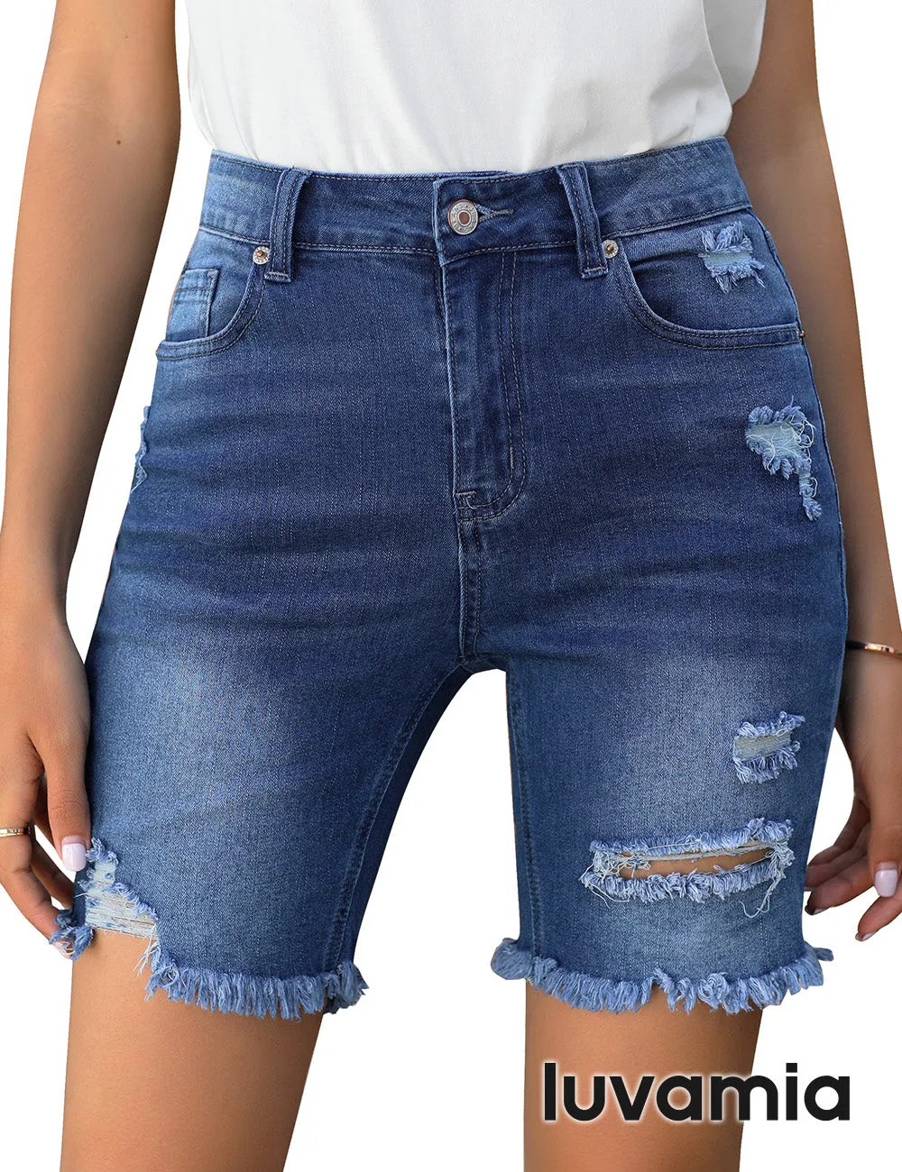 luvamia Women's High Waist Bermuda Shorts Ripped Distressed Stretch Denim Shorts