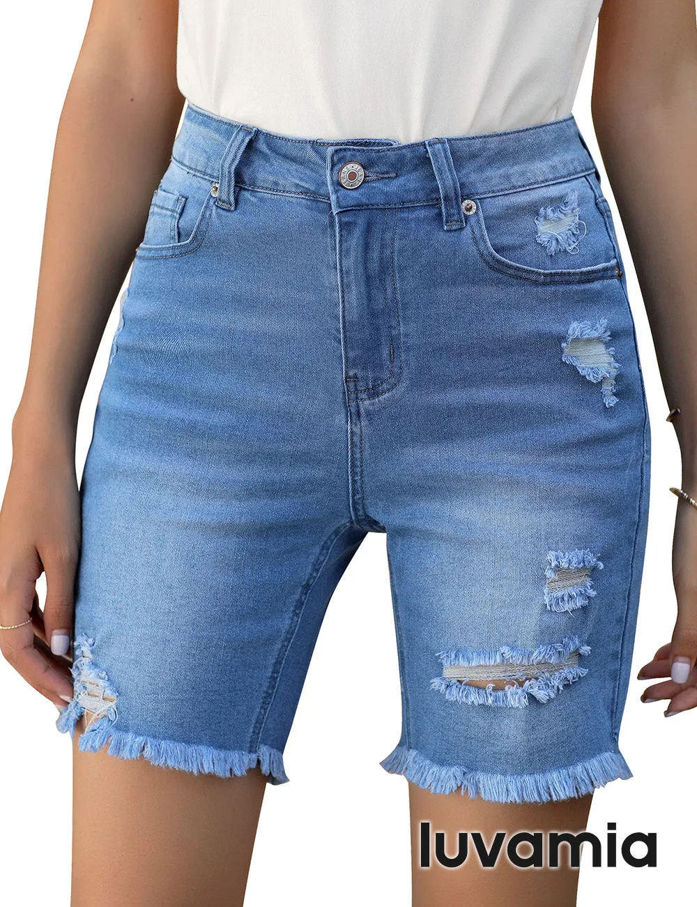 luvamia Women's High Waist Bermuda Shorts Ripped Distressed Stretch Denim Shorts