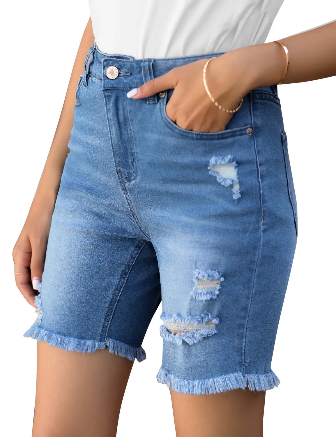 luvamia Women's High Waist Bermuda Shorts Ripped Distressed Stretch Denim Shorts