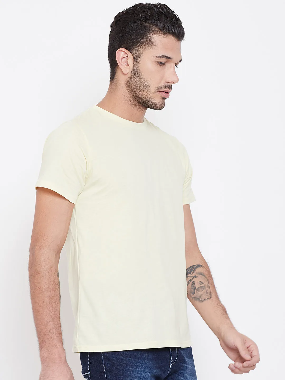 Men Beige Solid Round Neck T-shirt