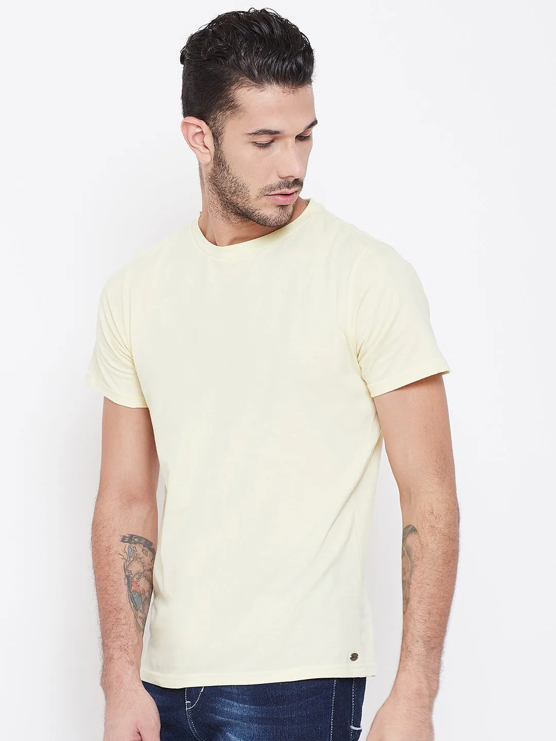 Men Beige Solid Round Neck T-shirt