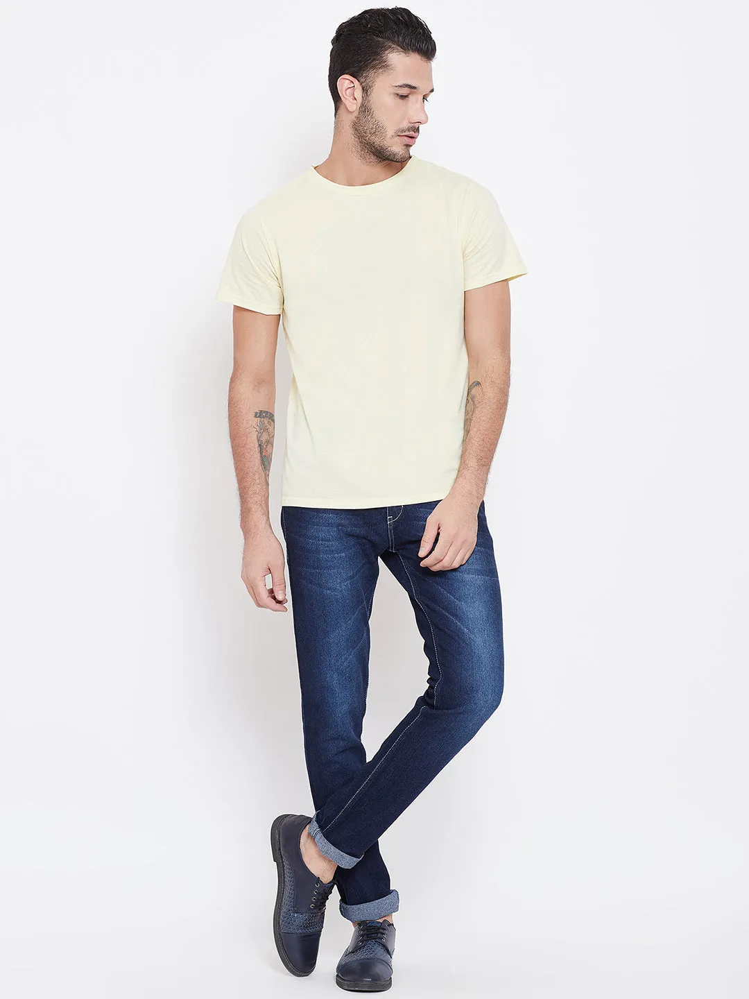 Men Beige Solid Round Neck T-shirt