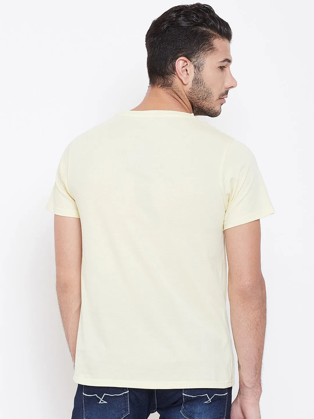 Men Beige Solid Round Neck T-shirt