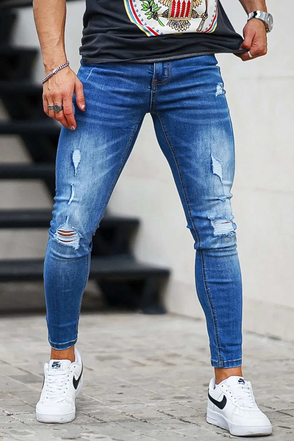 Men's Blue High Waist Ripped Jean