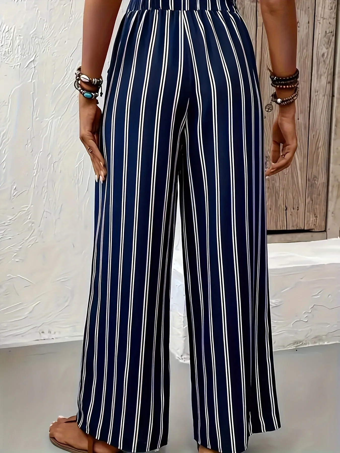 Navy Blue Striped Smocked Waistband Wide Leg Pants