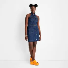 New - Future Collective Alani Noelle Women's Halter Denim Overall Mini Dress