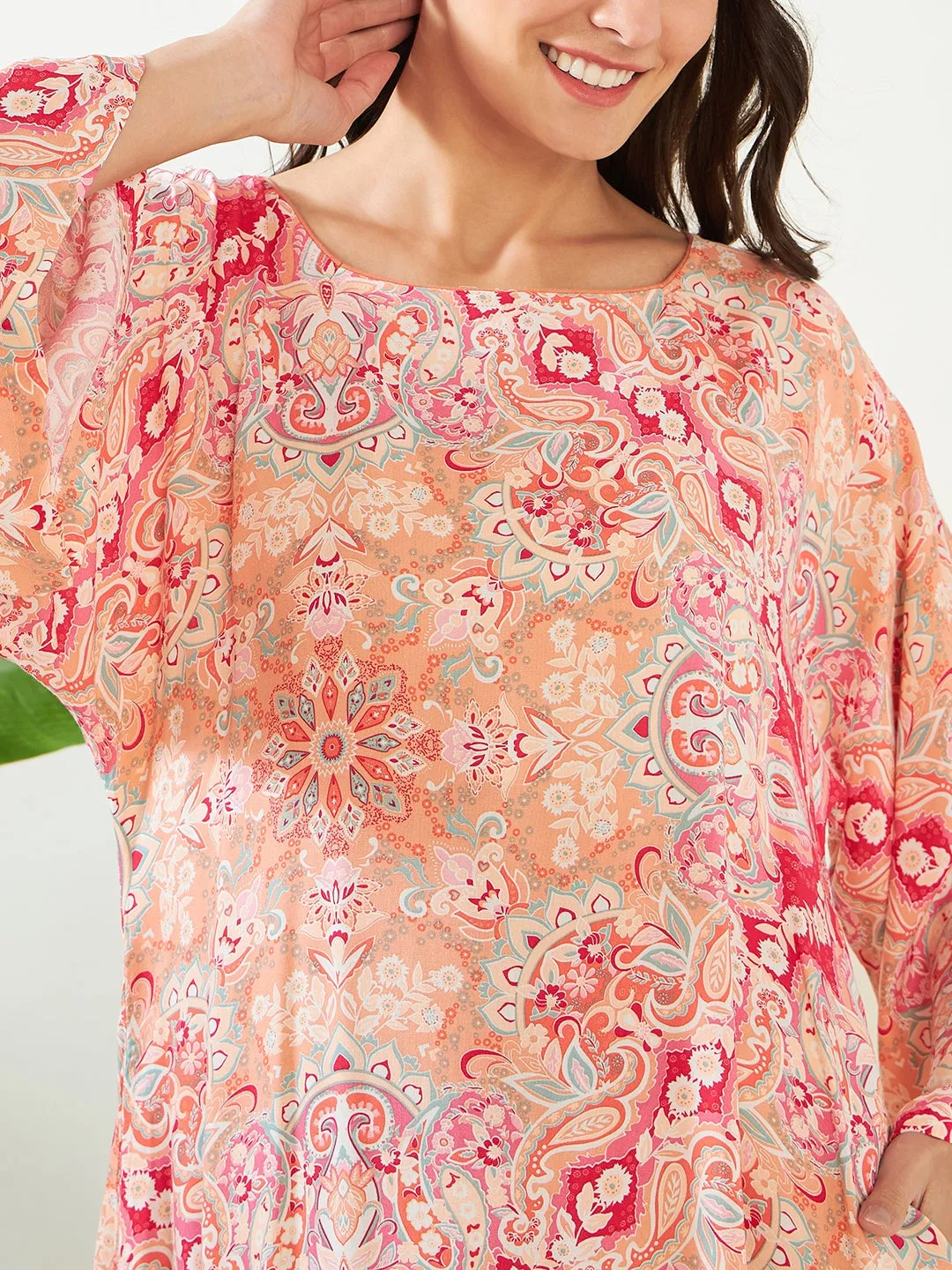 Peach Abstract Printed Laced Nightdress