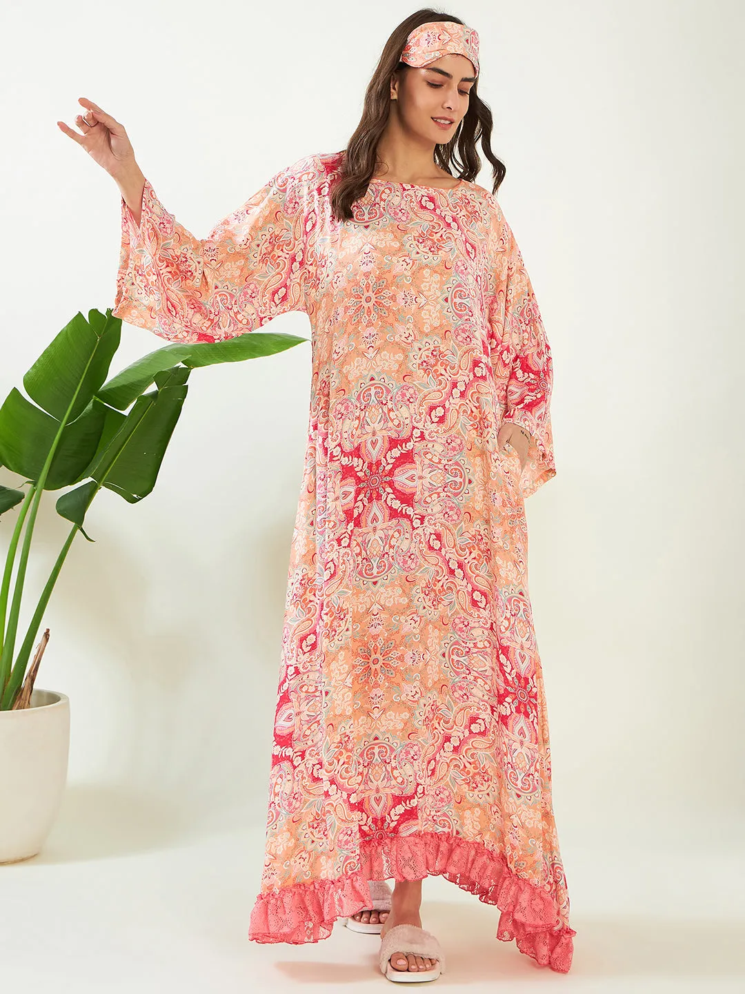 Peach Abstract Printed Laced Nightdress