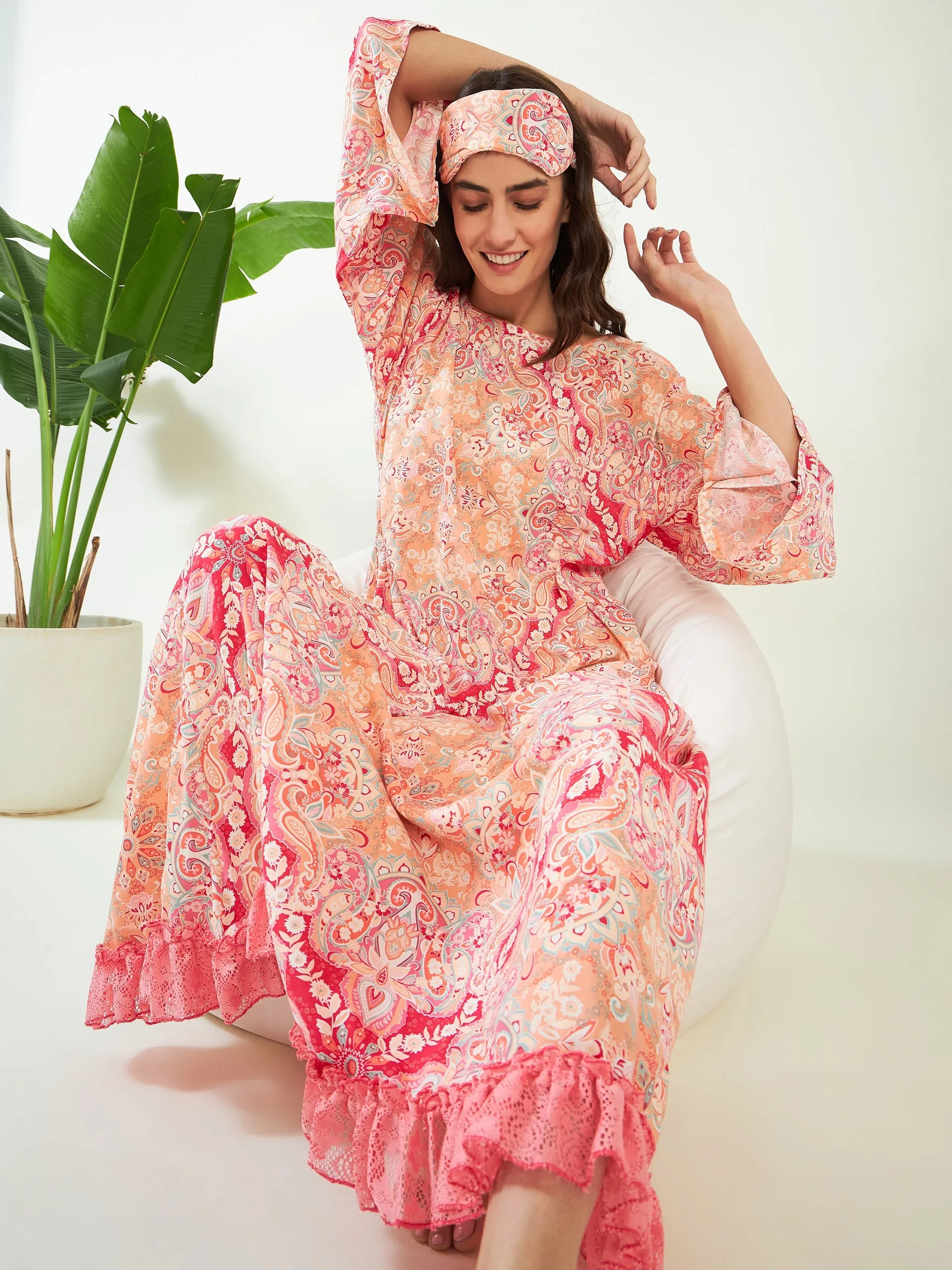 Peach Abstract Printed Laced Nightdress