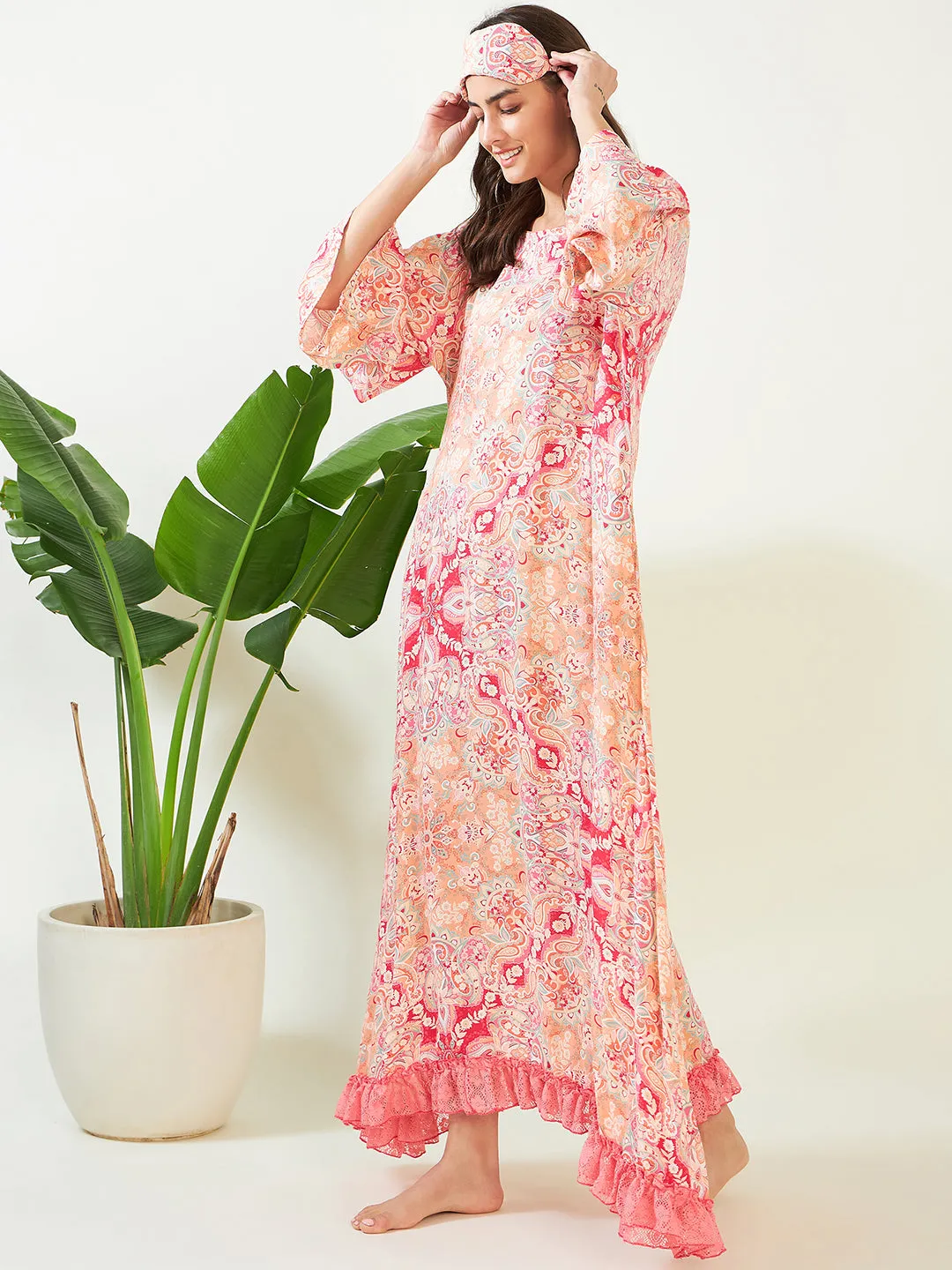 Peach Abstract Printed Laced Nightdress