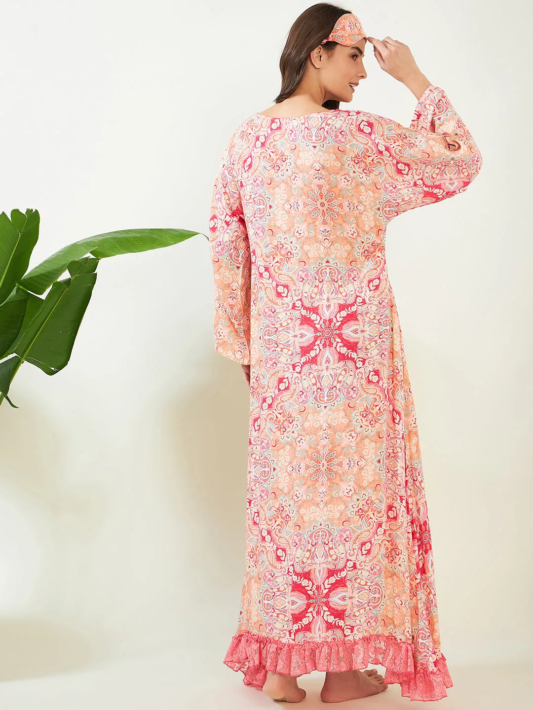 Peach Abstract Printed Laced Nightdress