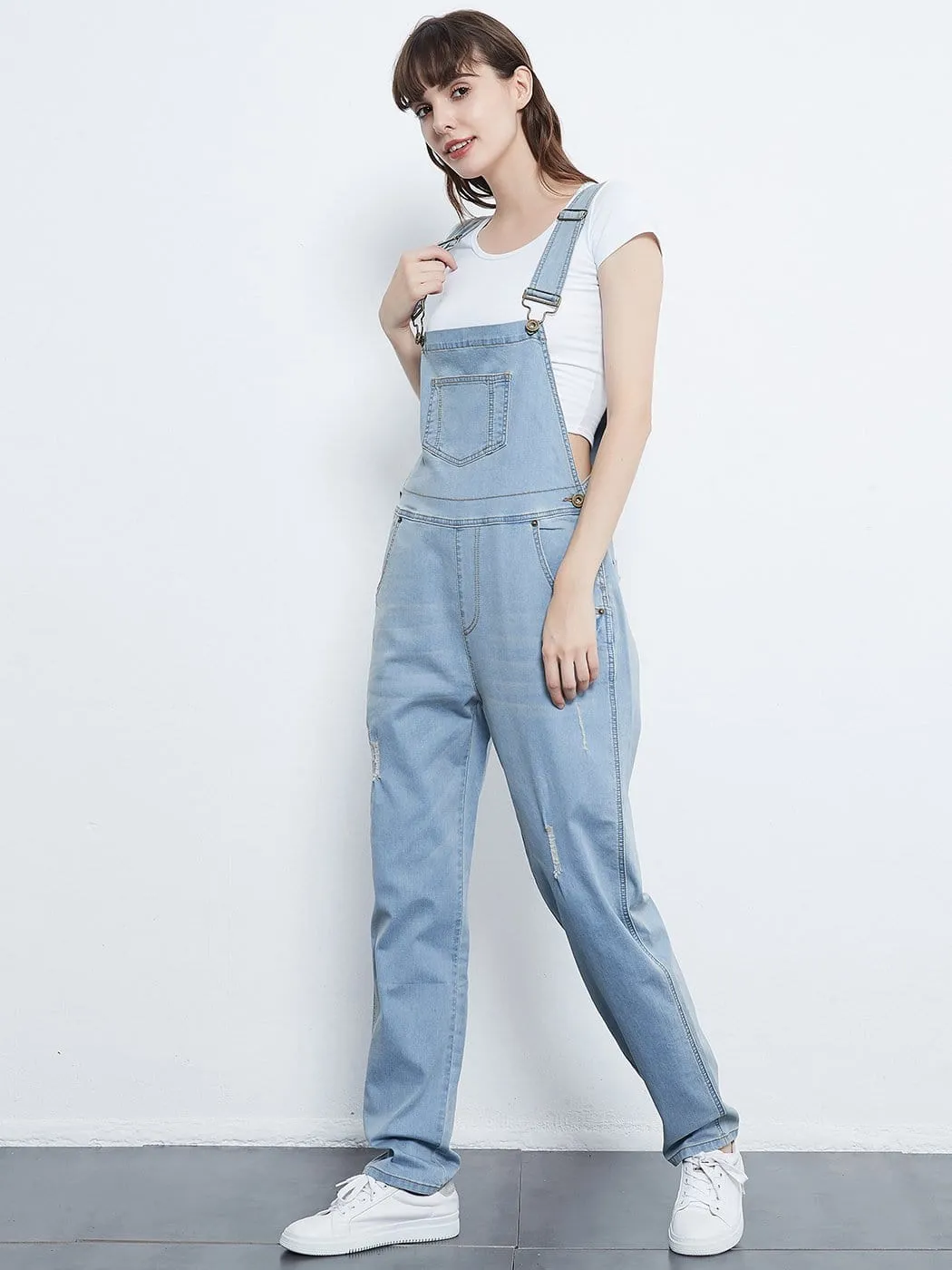 Pocket Denim Tapered Leg Overalls