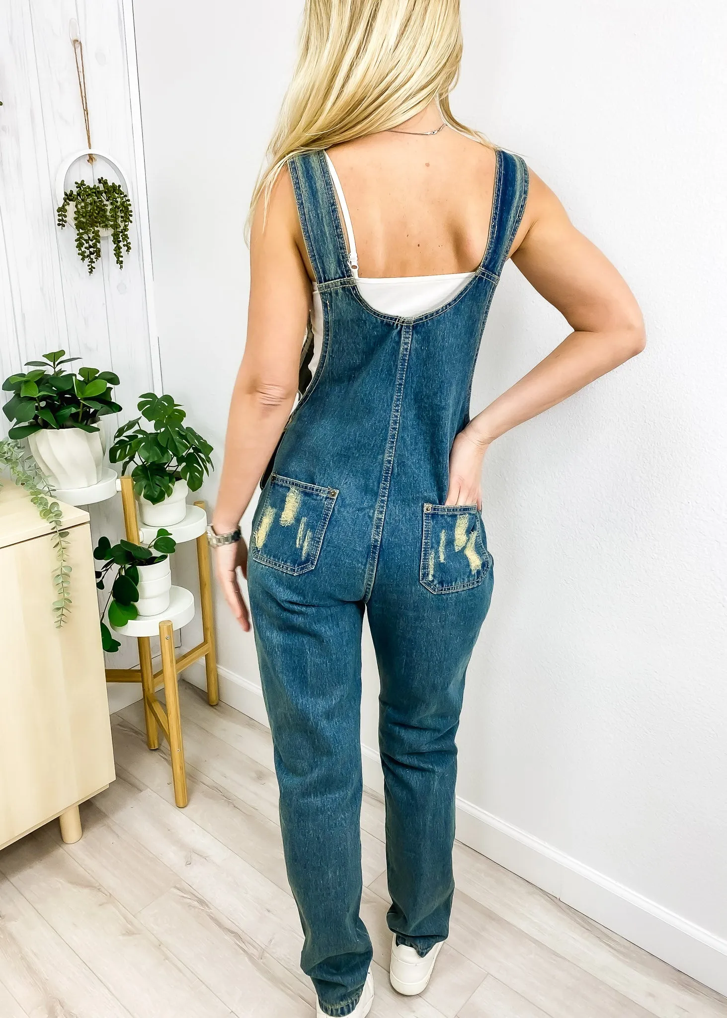 Pocket Denim Tapered Leg Overalls