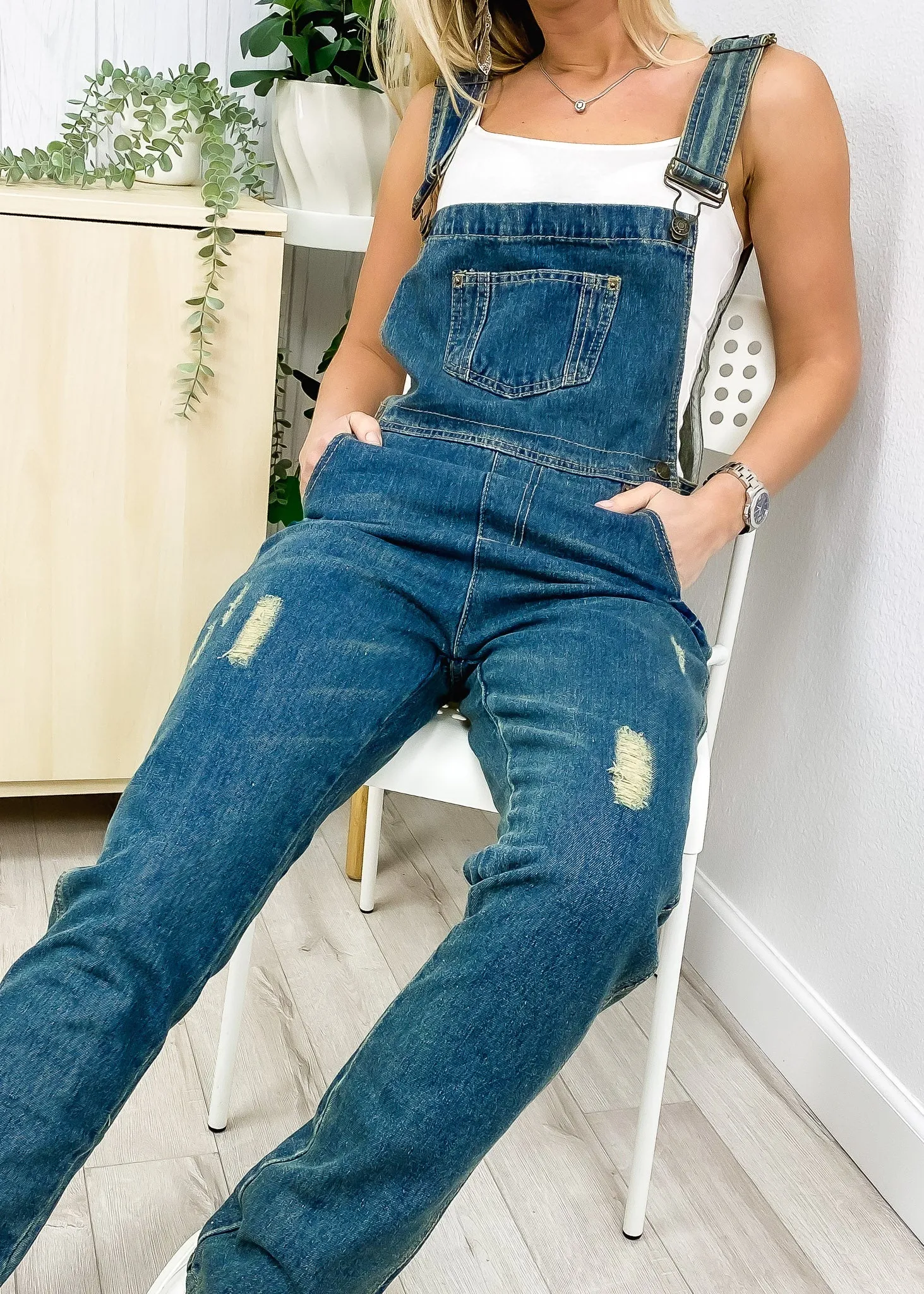 Pocket Denim Tapered Leg Overalls