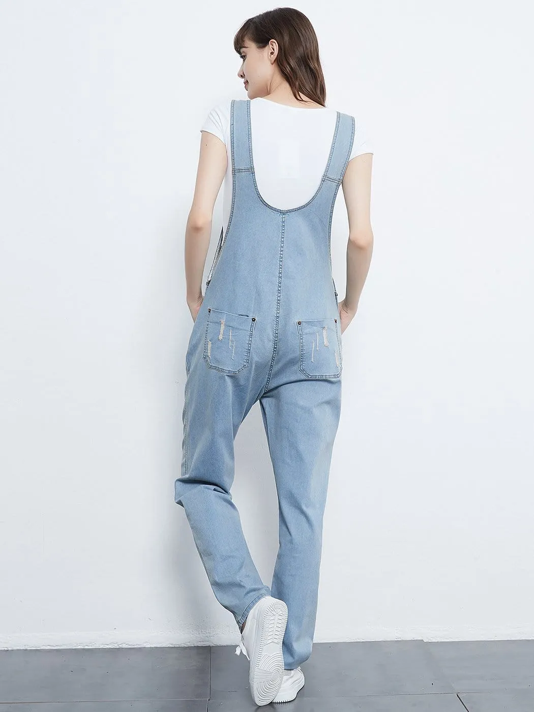 Pocket Denim Tapered Leg Overalls