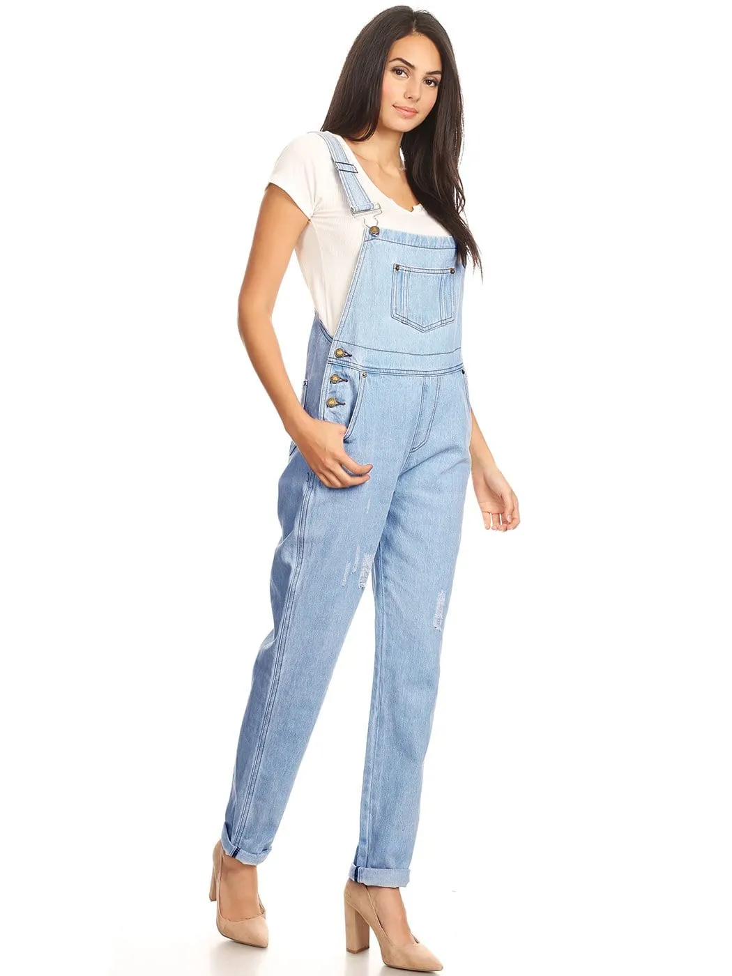 Pocket Denim Tapered Leg Overalls