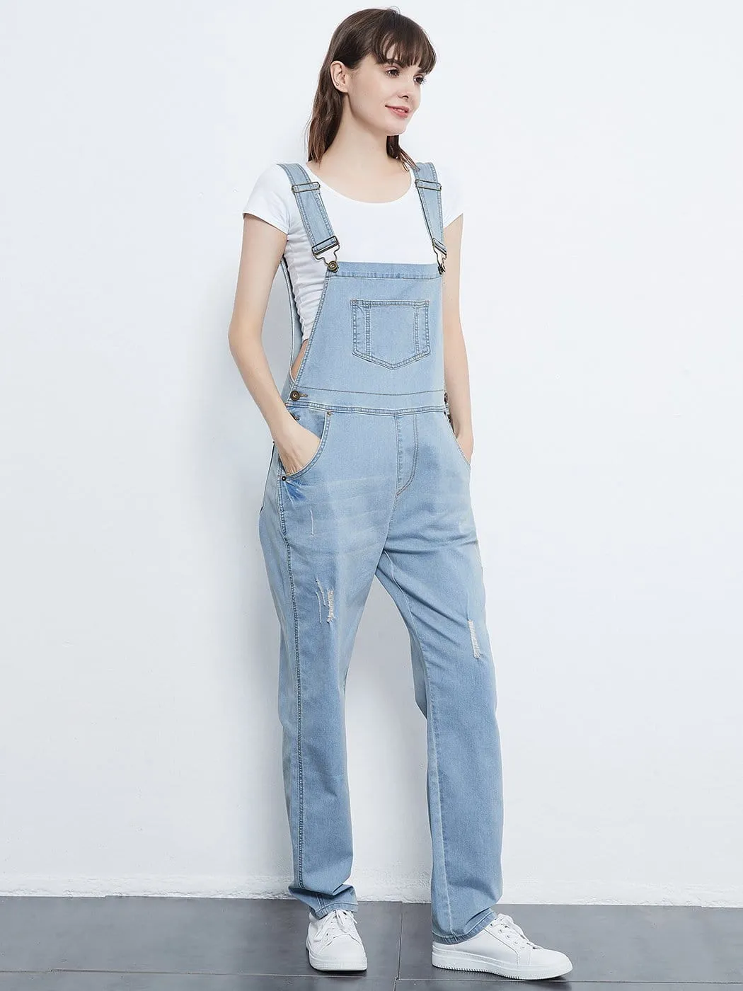 Pocket Denim Tapered Leg Overalls