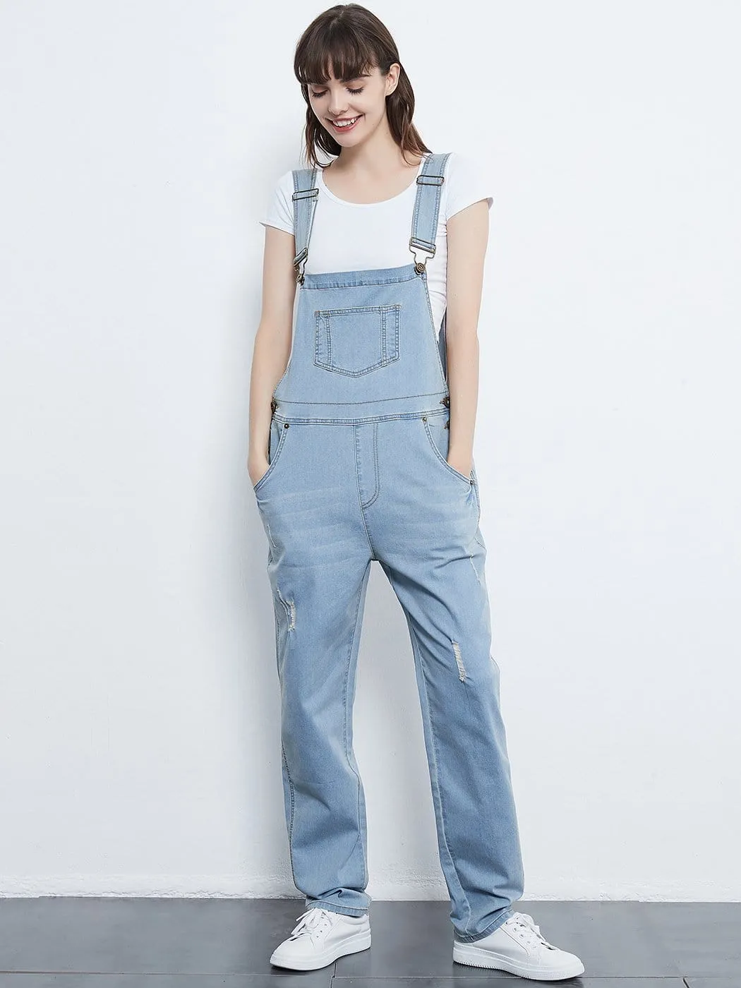 Pocket Denim Tapered Leg Overalls