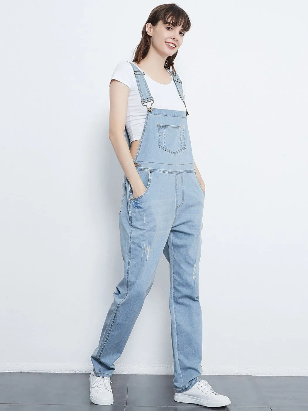 Pocket Denim Tapered Leg Overalls