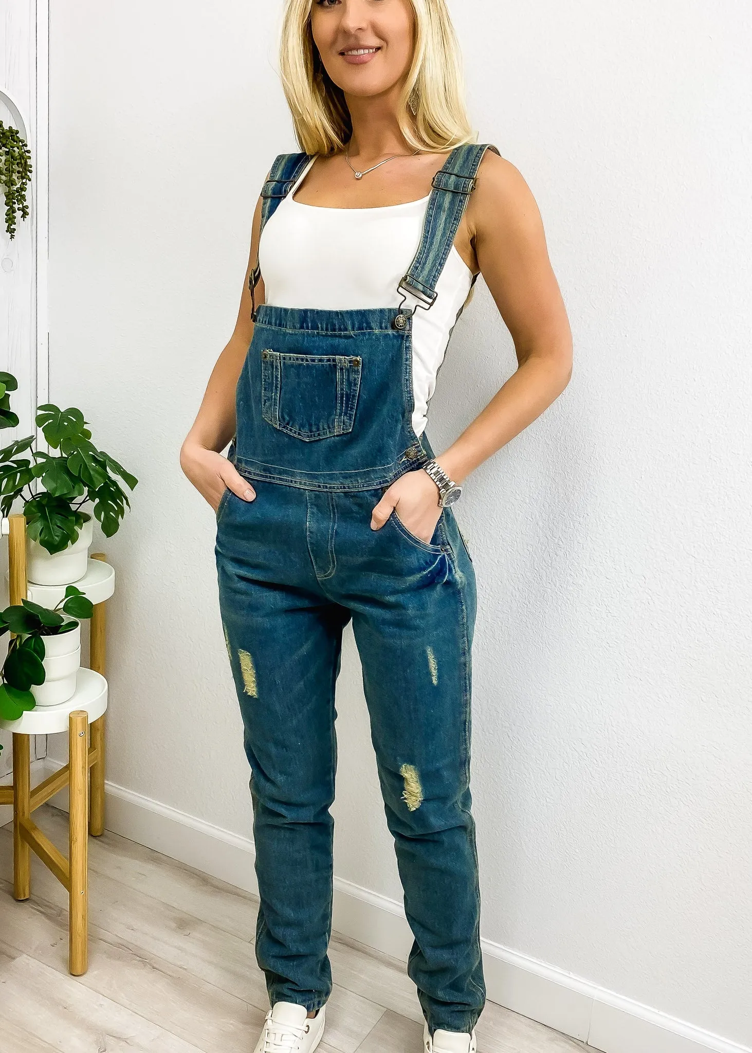 Pocket Denim Tapered Leg Overalls