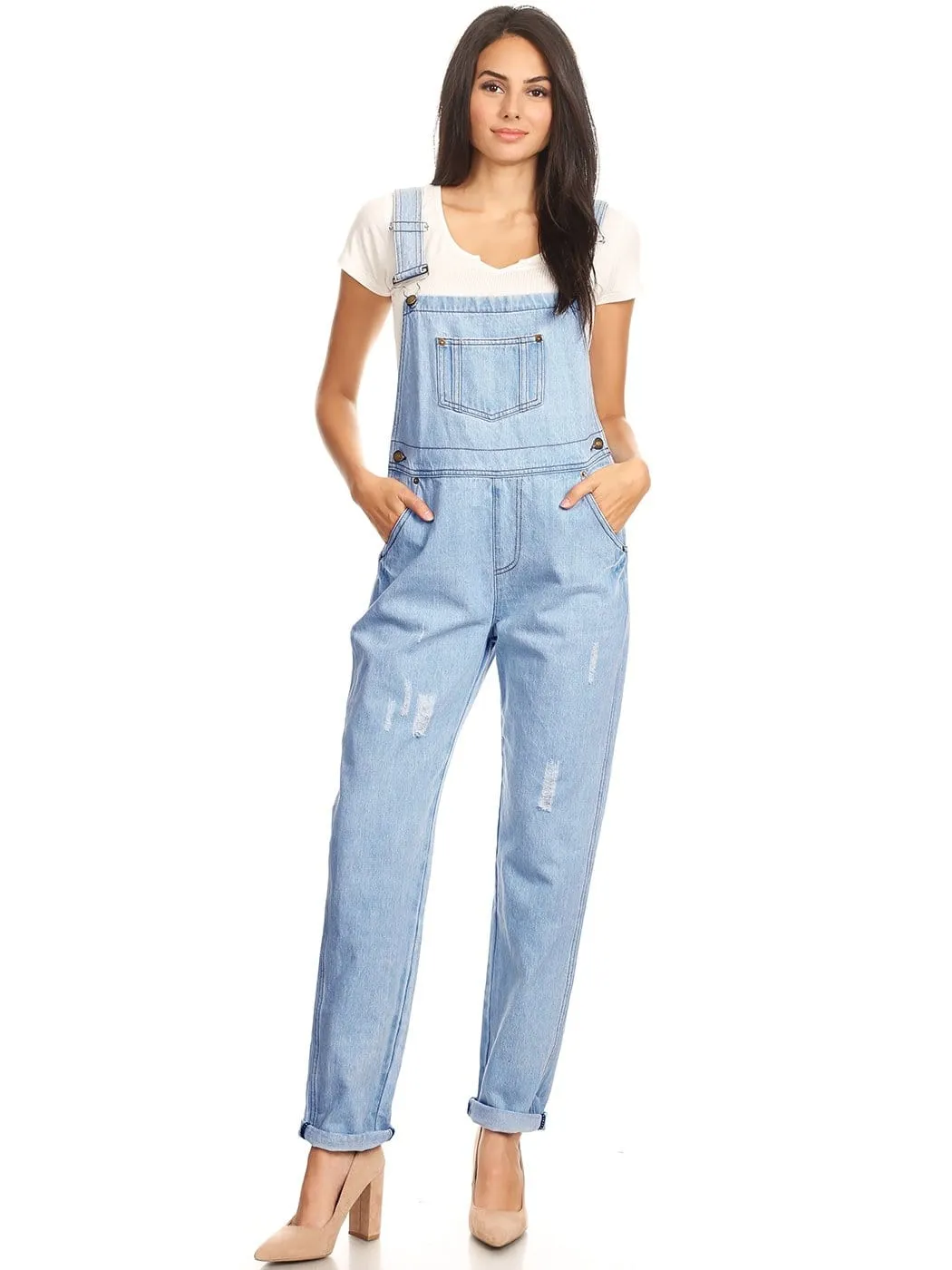 Pocket Denim Tapered Leg Overalls