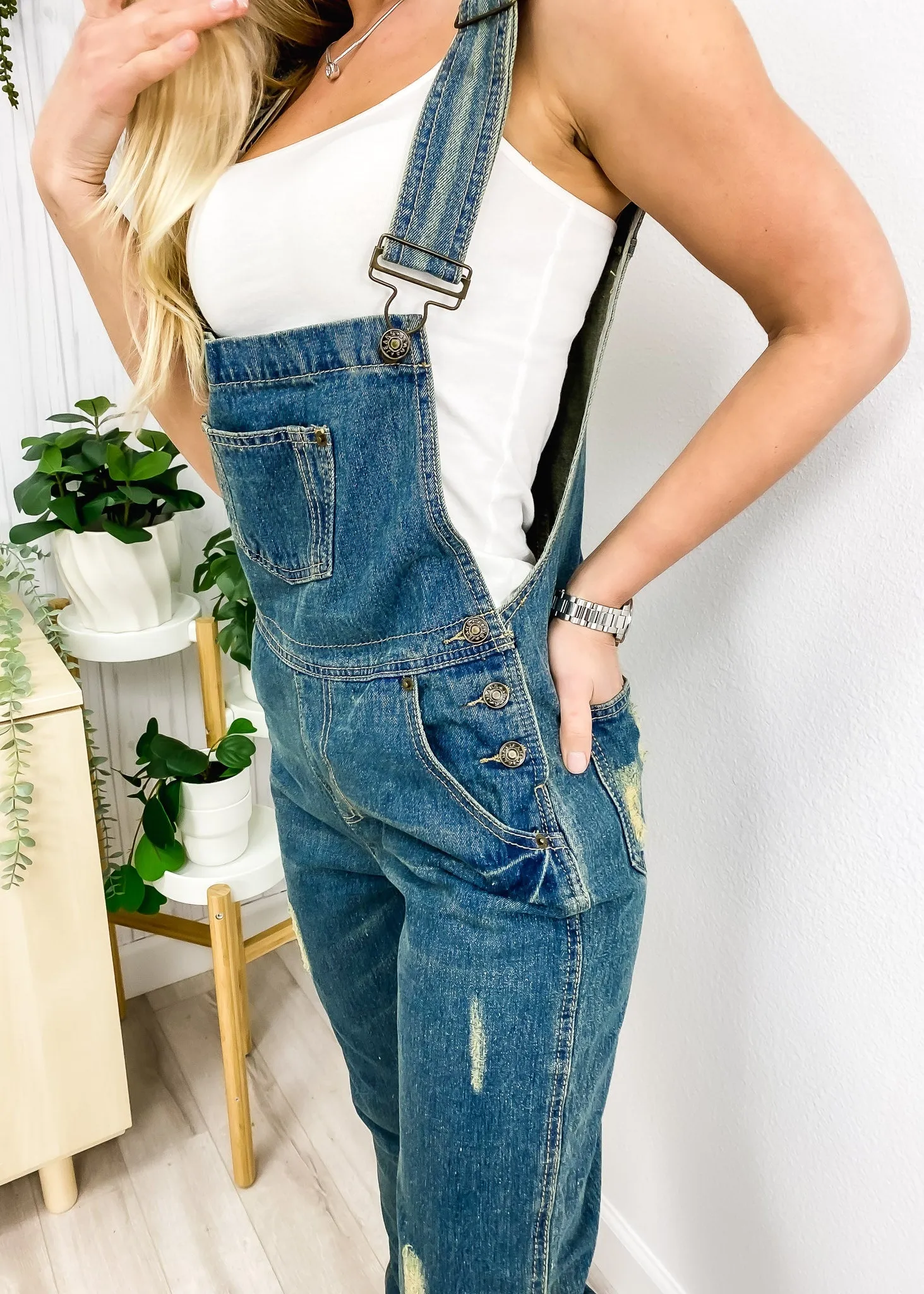 Pocket Denim Tapered Leg Overalls