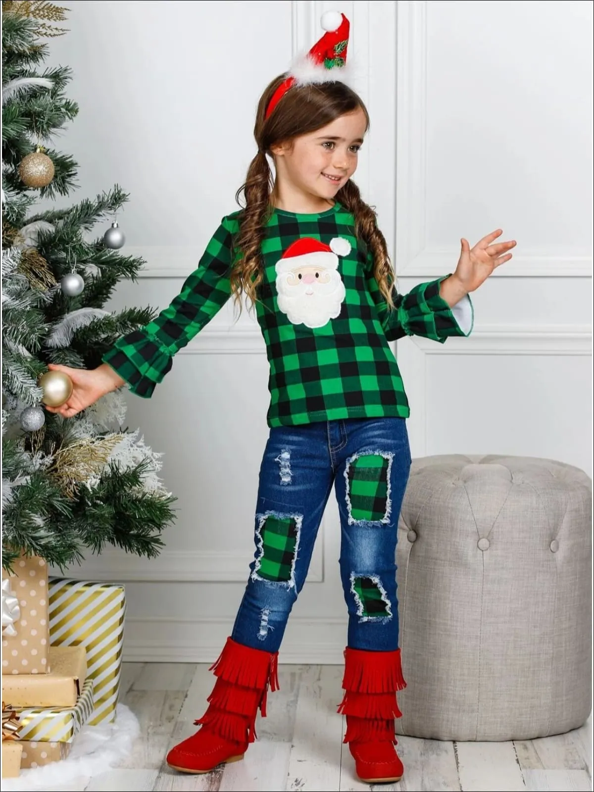 Pretty Please, Santa Plaid Patched Jeans Set