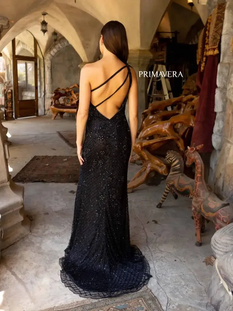 Primavera Couture 3921 Long Fitted Beaded Feather One Shoulder Prom Dress Slit Backless Gown