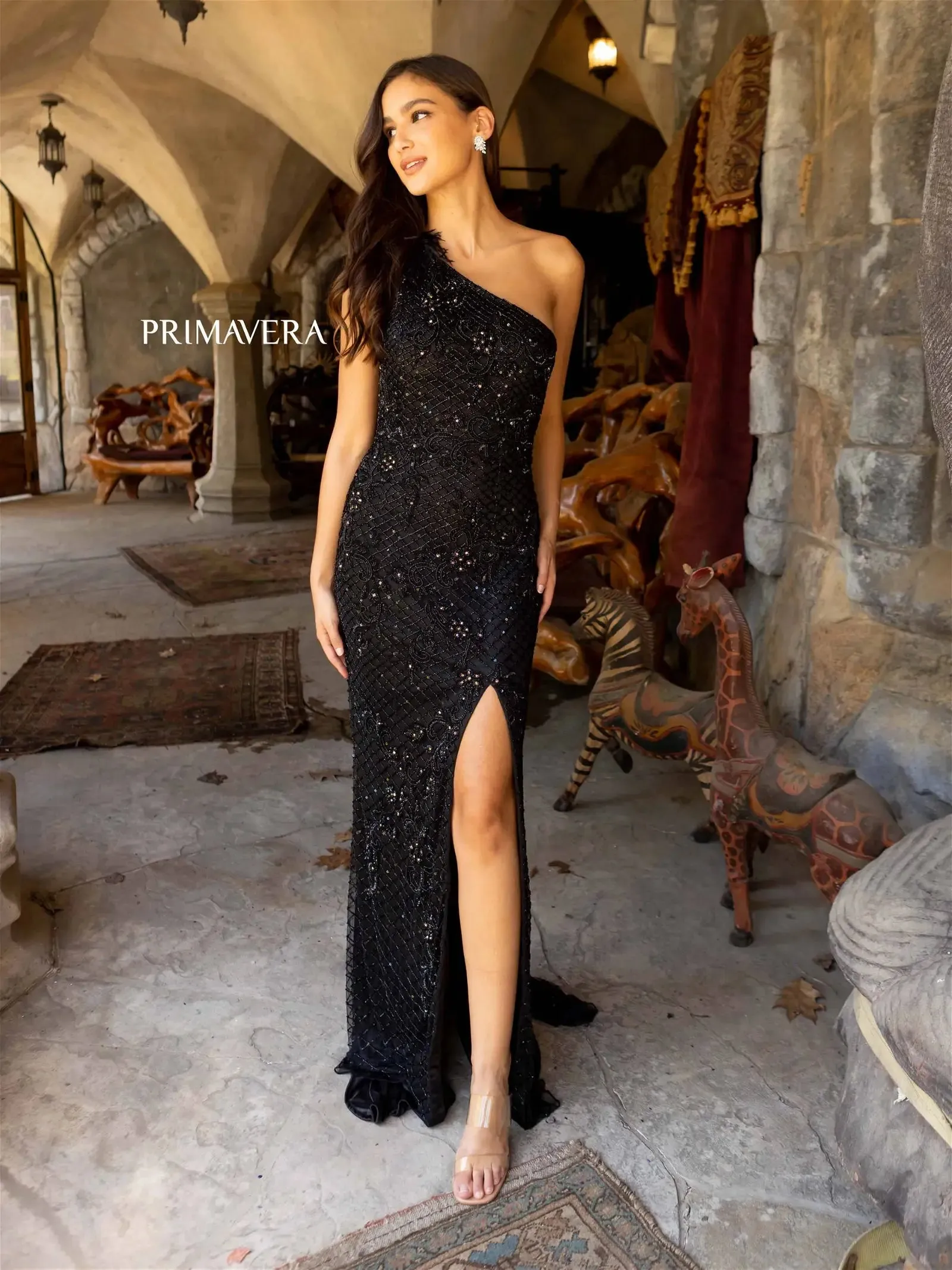 Primavera Couture 3921 Long Fitted Beaded Feather One Shoulder Prom Dress Slit Backless Gown