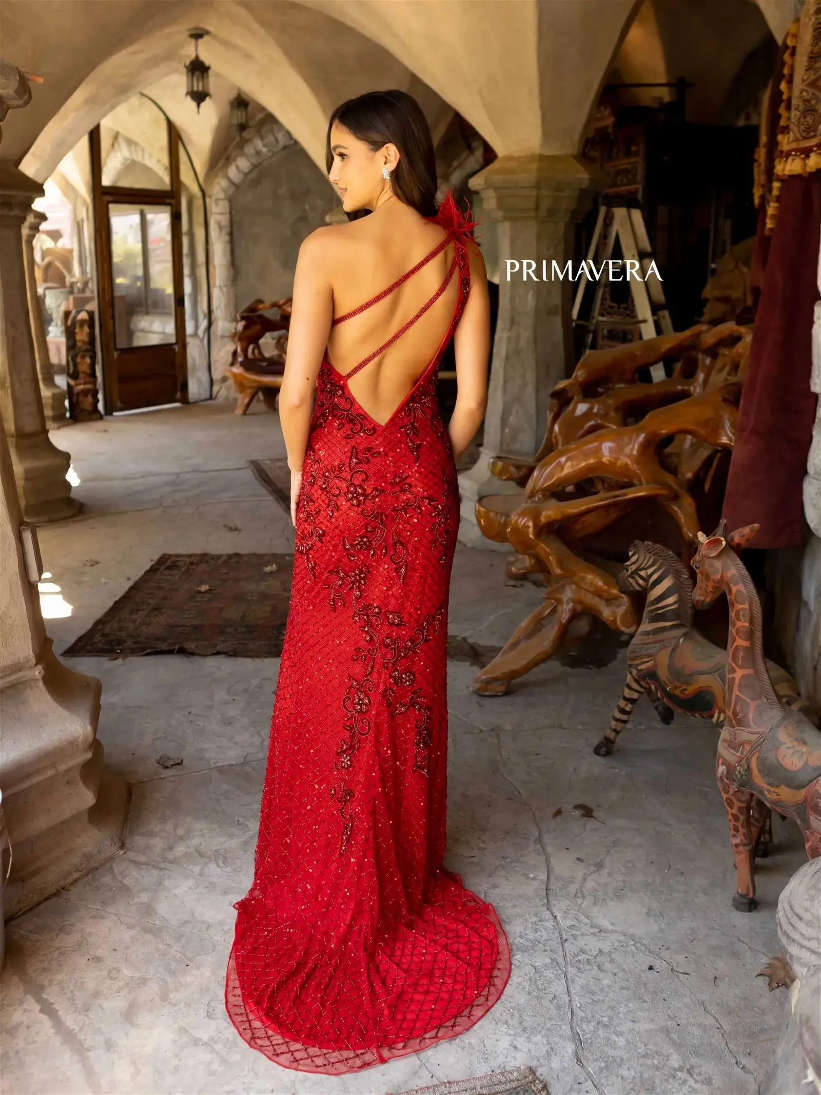 Primavera Couture 3921 Long Fitted Beaded Feather One Shoulder Prom Dress Slit Backless Gown