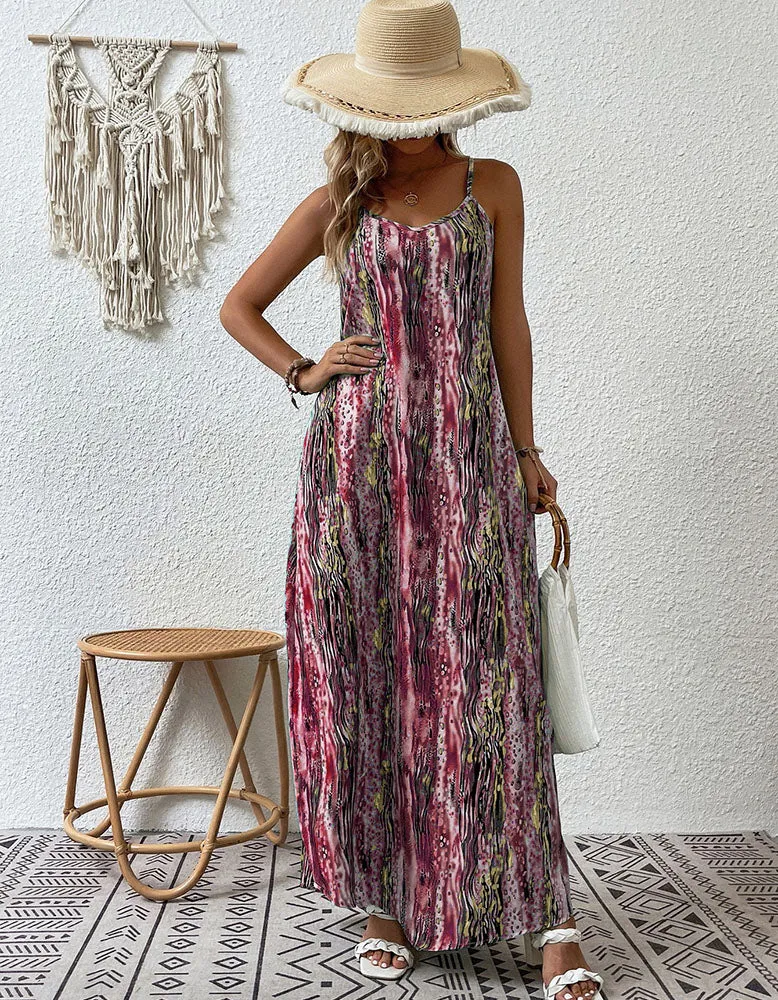 Random Print Strap Backless Long A Line Dresses