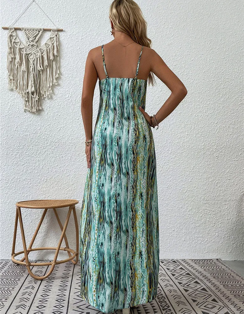 Random Print Strap Backless Long A Line Dresses