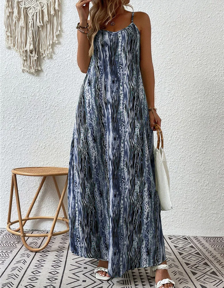 Random Print Strap Backless Long A Line Dresses