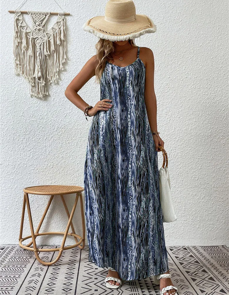 Random Print Strap Backless Long A Line Dresses