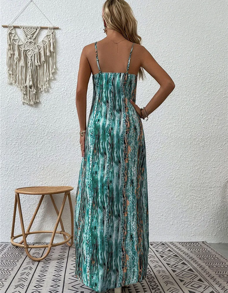 Random Print Strap Backless Long A Line Dresses