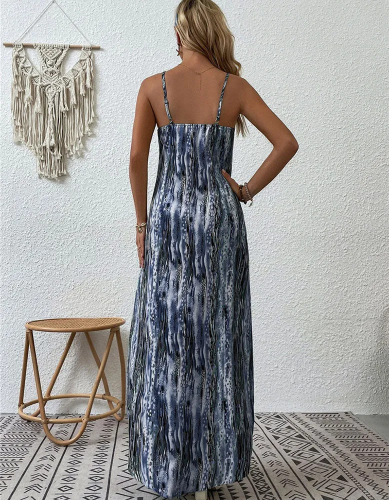 Random Print Strap Backless Long A Line Dresses