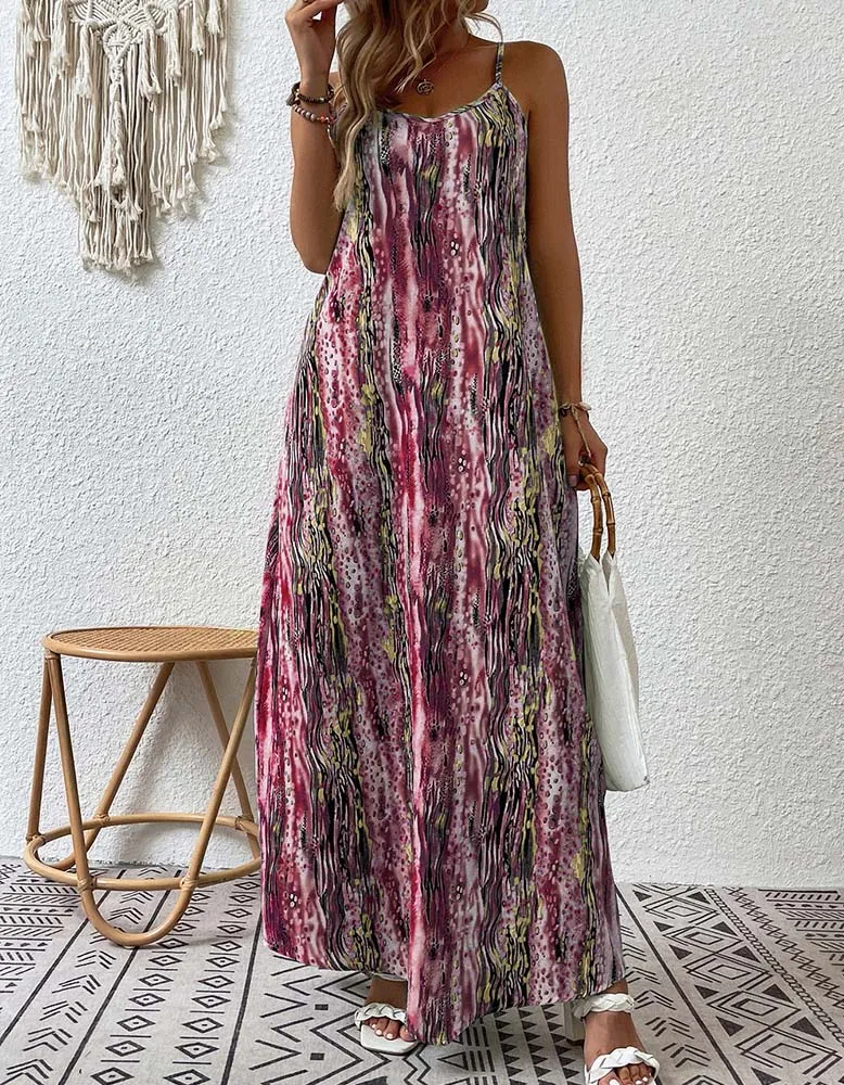 Random Print Strap Backless Long A Line Dresses