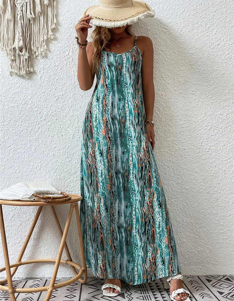 Random Print Strap Backless Long A Line Dresses