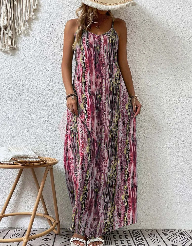 Random Print Strap Backless Long A Line Dresses