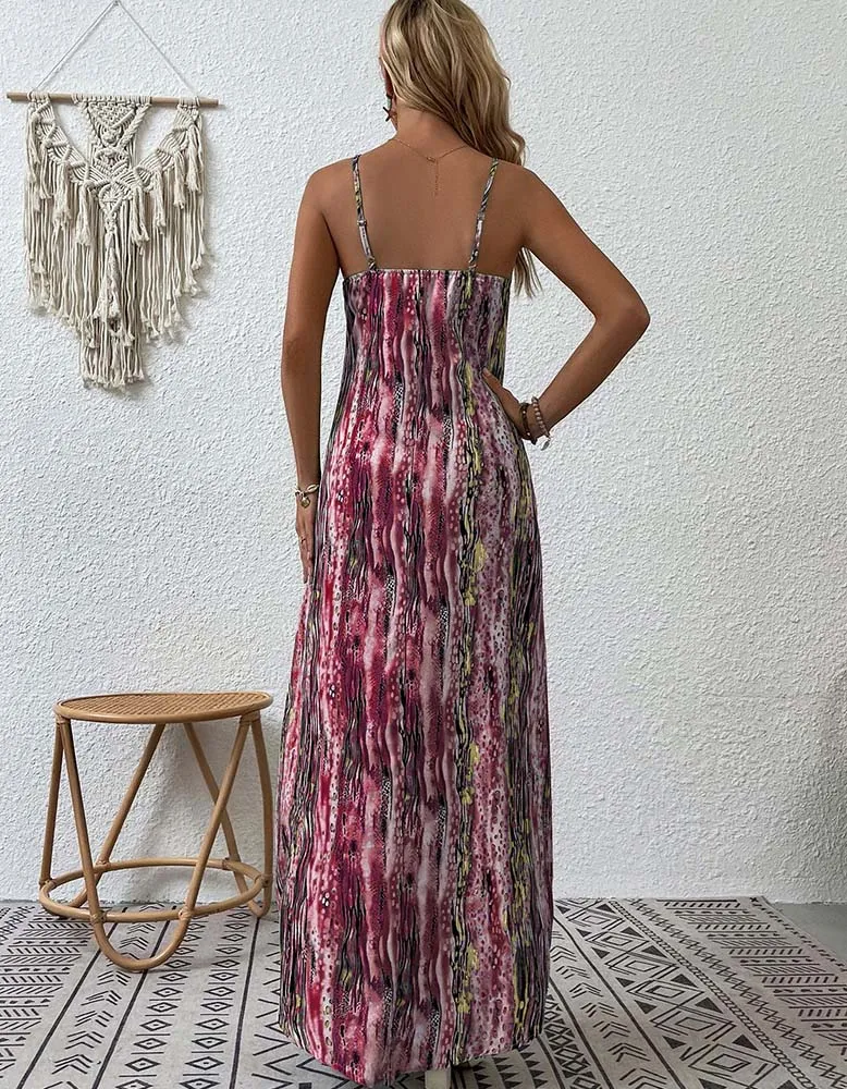 Random Print Strap Backless Long A Line Dresses