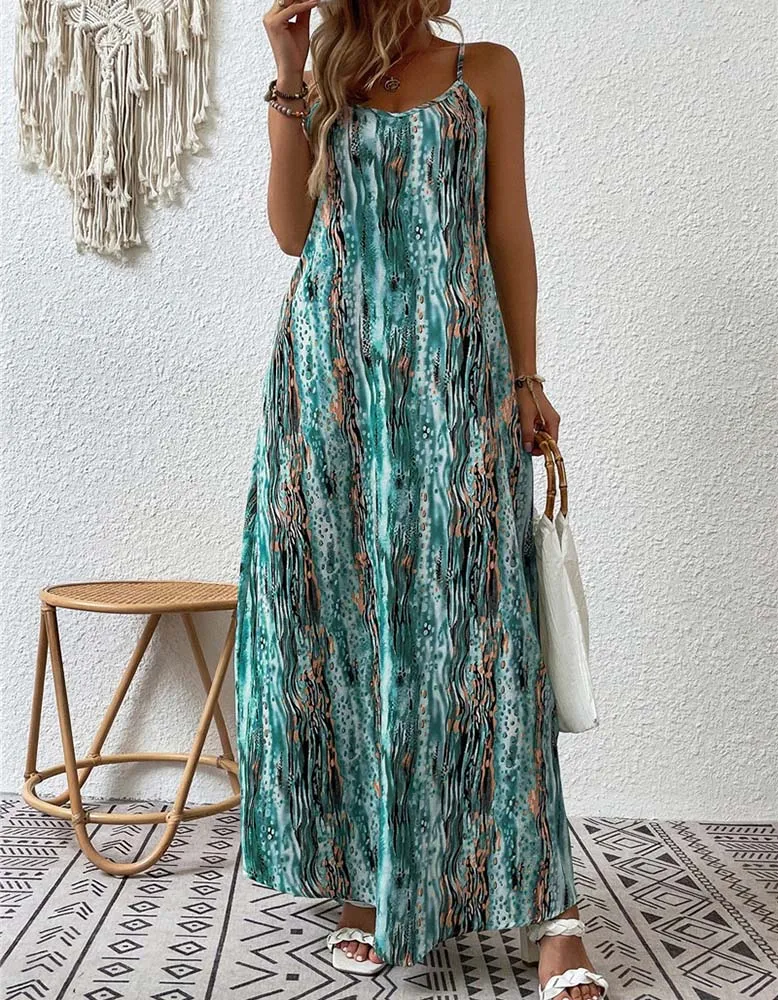 Random Print Strap Backless Long A Line Dresses