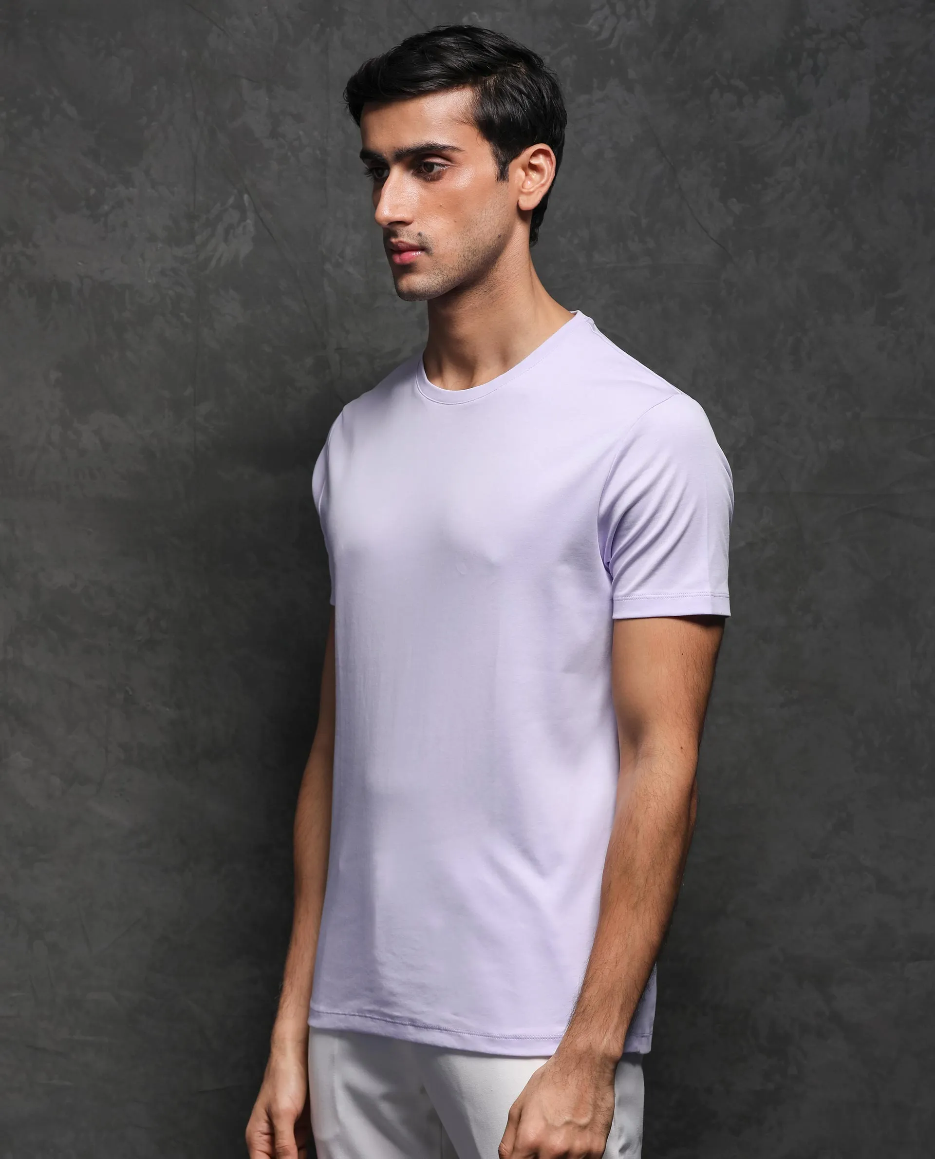 Rare Rabbit Men's Gis Pastel Purple Cotton Fabric Crew Neck Half Sleeves Regular Fit Solid T-Shirt