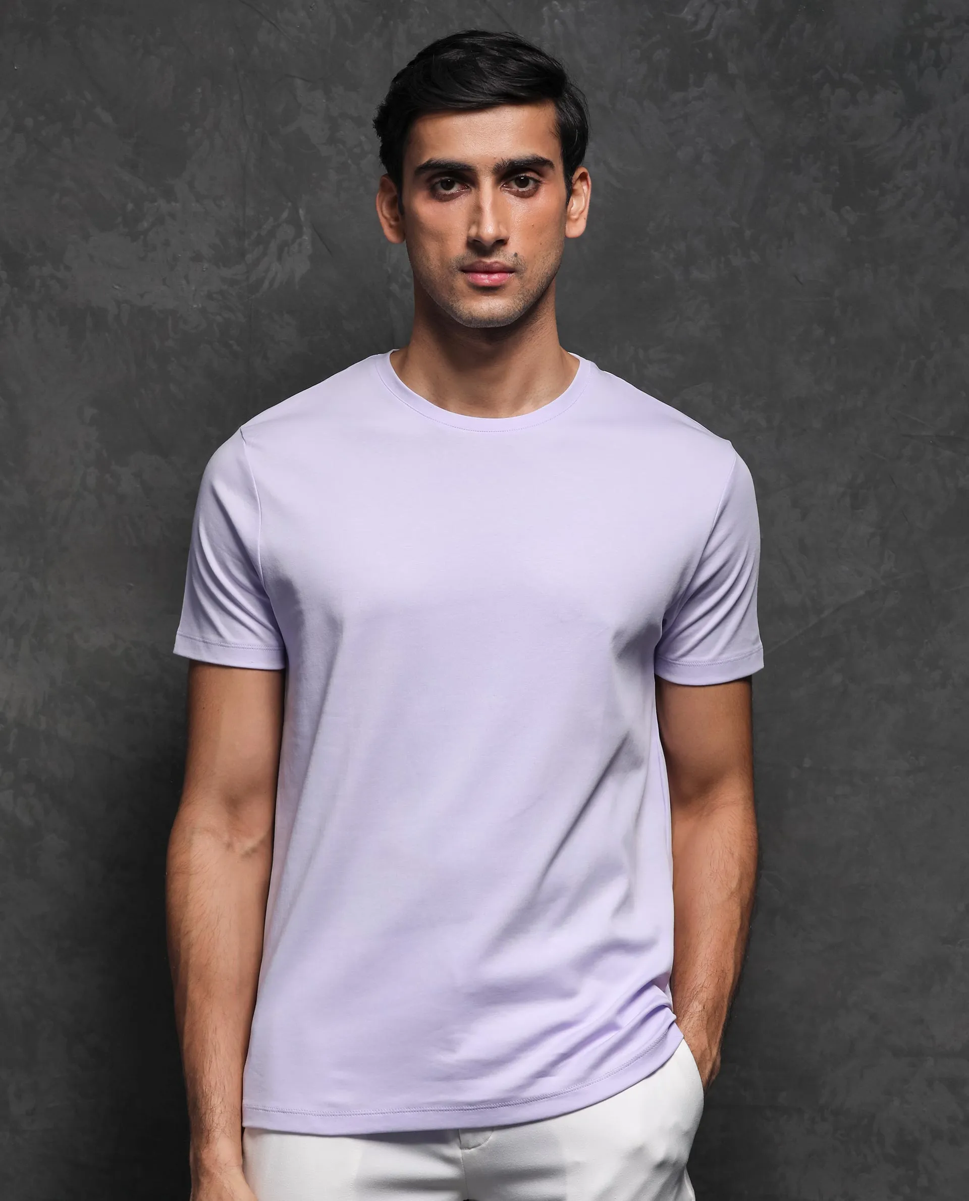 Rare Rabbit Men's Gis Pastel Purple Cotton Fabric Crew Neck Half Sleeves Regular Fit Solid T-Shirt