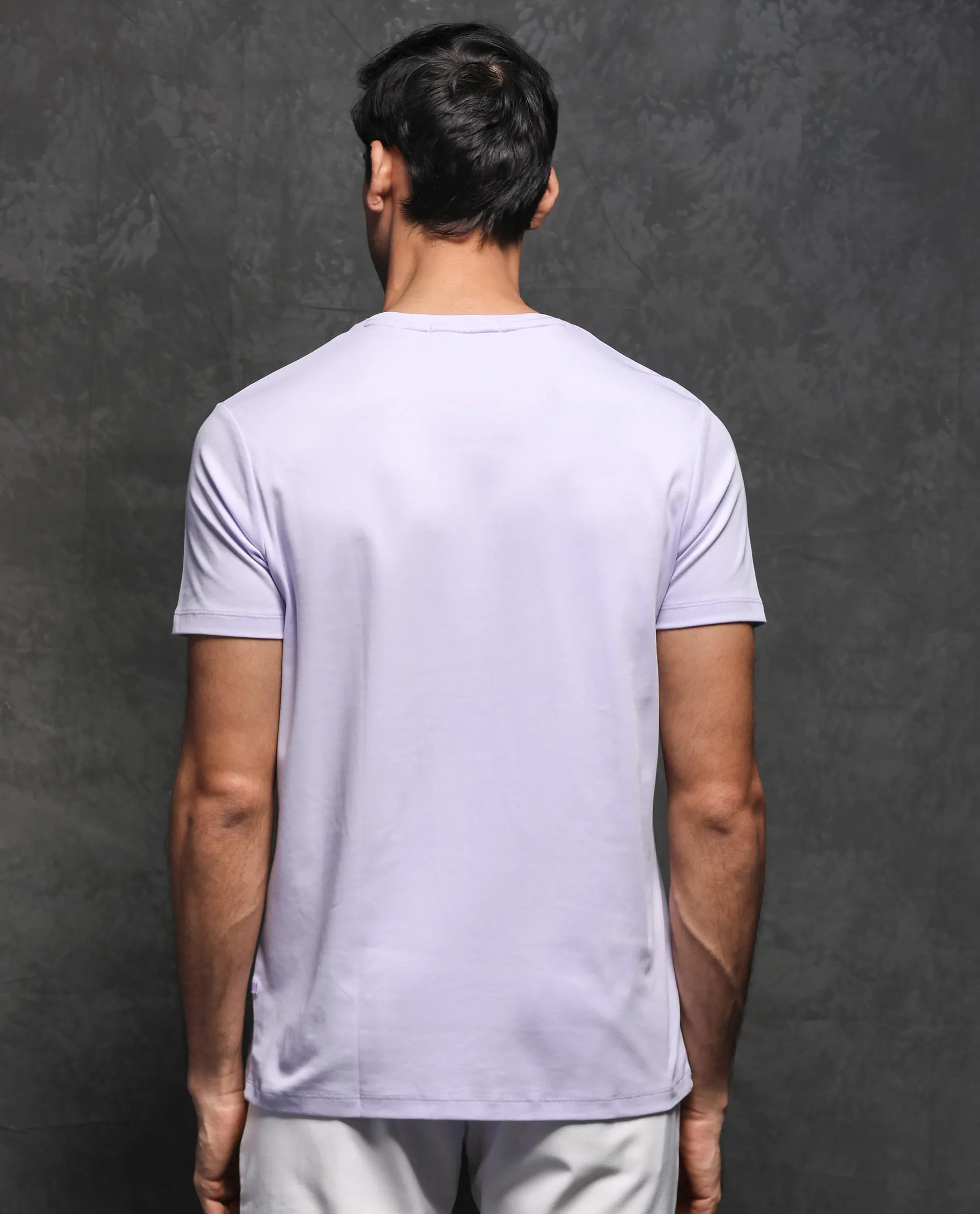 Rare Rabbit Men's Gis Pastel Purple Cotton Fabric Crew Neck Half Sleeves Regular Fit Solid T-Shirt