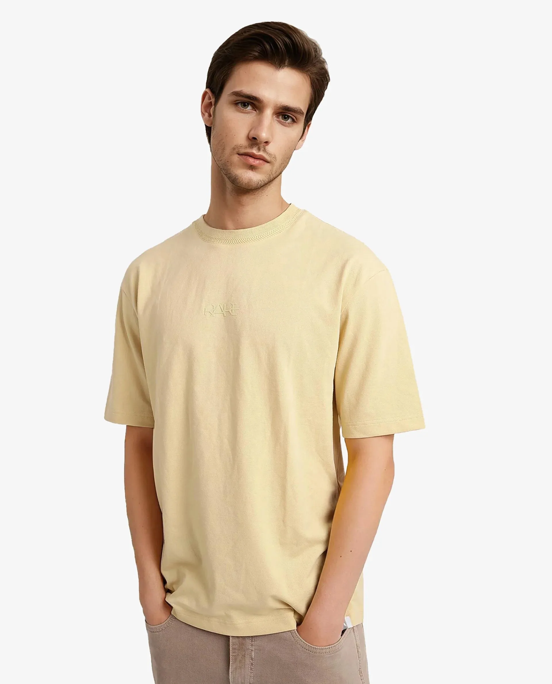 Rare Rabbit Mens Heros-1 Light Yellow Cotton Lycra Fabric Blend Drop Shoulder Short Sleeve Oversized Fit Solid T-Shirt